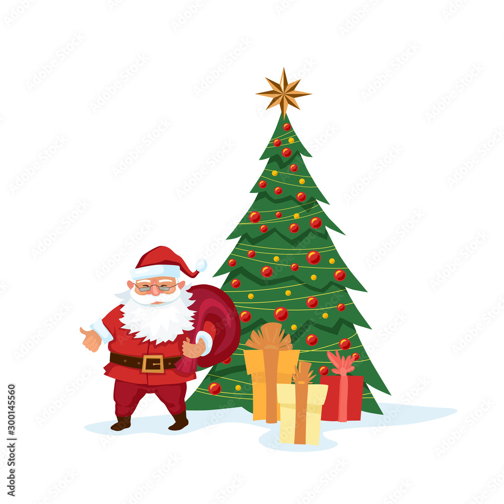 Santa Klaus with a bag of presents under the Christmas tree. Happy New Year and Christmas! Flat cartoon style. Vector illustration. Santa Klaus with a bag of presents under the Christmas tree. Happy New Year and Christmas! Flat cartoon style. Vector illustration.