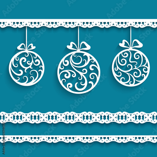 Set of decorative Christmas ornaments - cutout paper round baubles with swirly patterns and lace borders, elegant scrapbook page, template for laser cutting