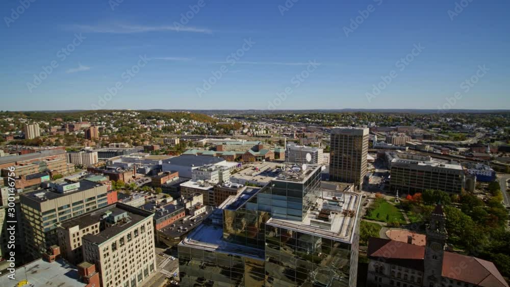 Worcester Massachusetts Aerial v6 Traveling panoramic from above downtown business district high rise - October 2017 Worcester Massachusetts Aerial v6 Traveling panoramic from above downtown business district high rise - October 2017