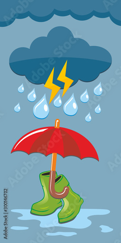 Autumn bad weather - open umbrella and rubber boots on background of clouds, rain and thunderstorms. Illustration, vector