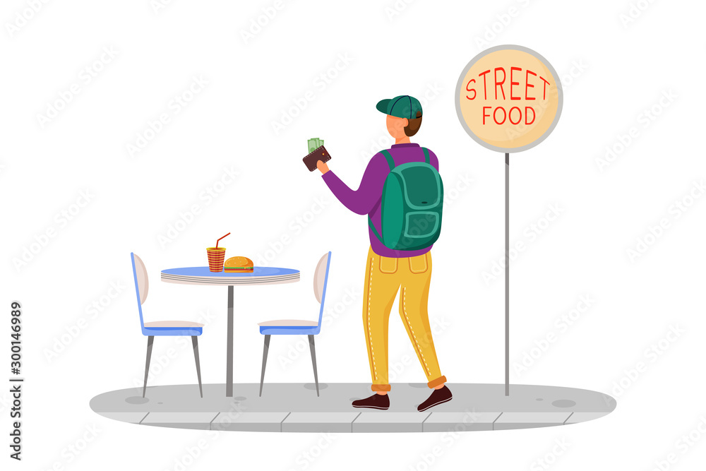 Buying street food flat vector illustration. Cheap travelling ideas. Eating not expensive meal. Snack ideas for youth. Budget tourism isolated cartoon character on white background