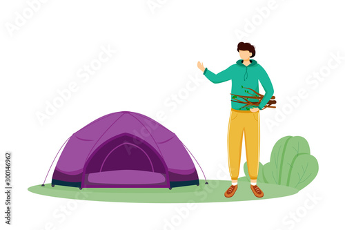 Staying in tent flat vector illustration. Summer camping activity. Cheap travelling choice. Active vacation. Young man on forest trip. Budget tourism isolated cartoon character on white background