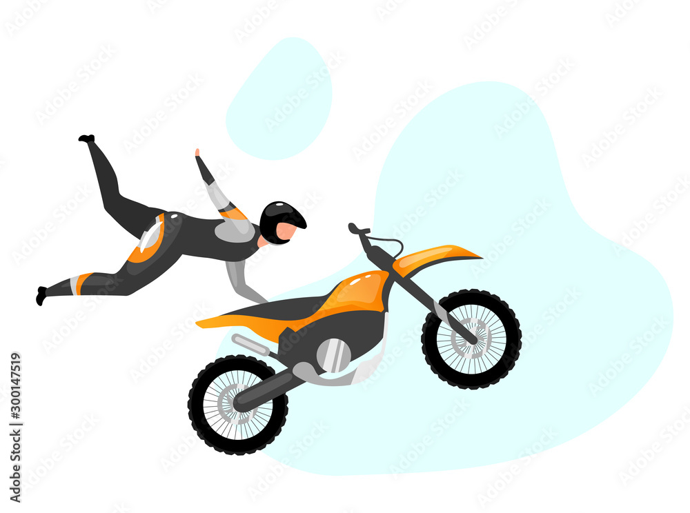 Motorcycle stunts flat vector illustration. Extreme sports. Active  lifestyle. Stuntman air jumping. Outdoor activities. Rider with motorbike  isolated cartoon character on blue background Stock Vector | Adobe Stock