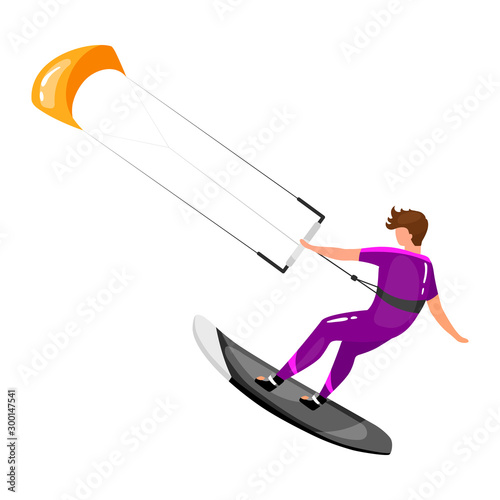 Kitesurfing flat vector illustration. Extreme sports experience. Active lifestyle. Vacation outdoor activities. Sportsman balancing on board with kite isolated cartoon character on white background