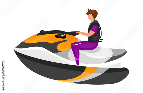 Man on boat flat vector illustration. Extreme sports experience. Active lifestyle. Summer vacation outdoor fun activities. Sportsman on speedboat isolated cartoon character on white background