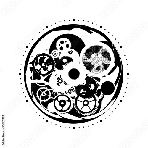 Silver elements of the clockwork. Vector image of gears from a watch.