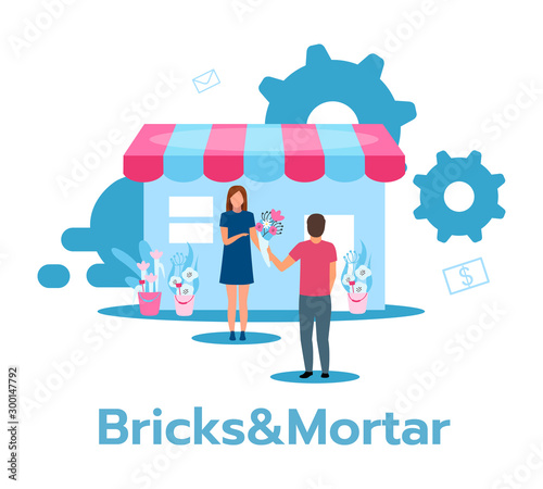 Bricks and mortar flat vector illustration. Retail store. Traditional flower shop. Face-to-face trading. Saleswoman and customer. Marketplace. Business model. Isolated cartoon character on white