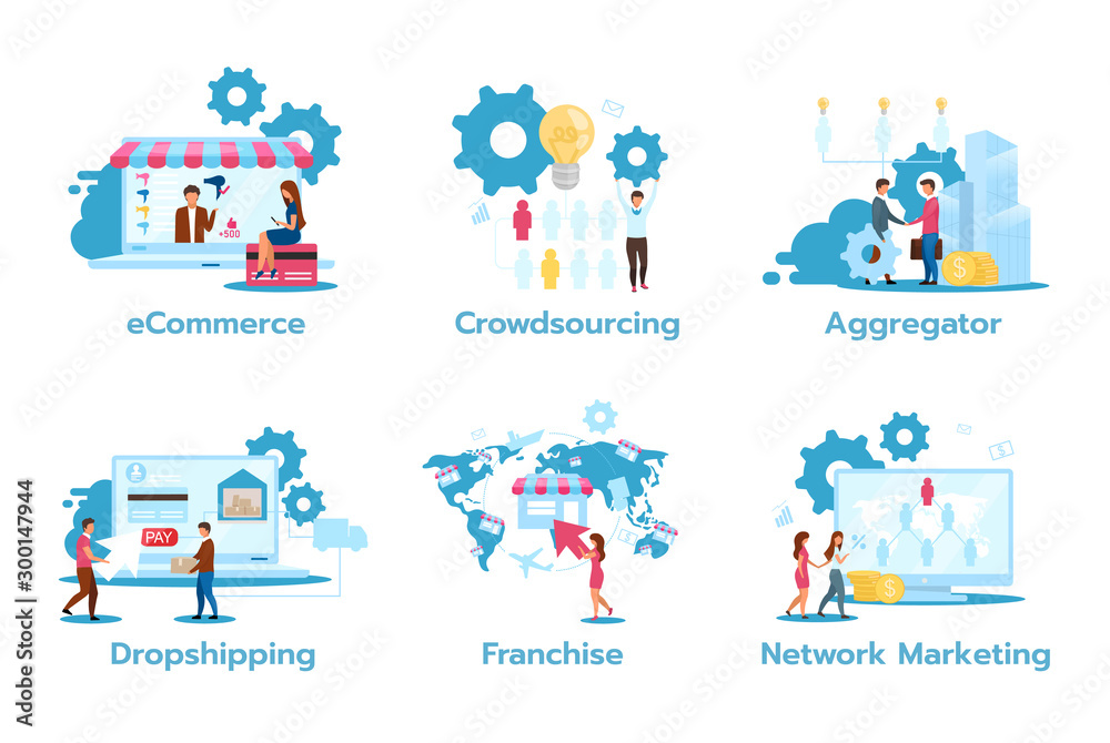 Business model flat vector illustrations set. E-commerce. Crowdsourcing. Aggregator. Dropshipping. Franchise. Network marketing. Trading strategies. Isolated cartoon characters