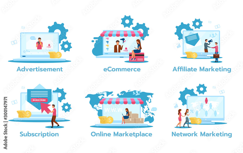 Business model flat vector illustrations set. Advertisement. E-commerce. Affiliate marketing. Subscription. Online marketplace. Network marketing. Trading strategies. Isolated cartoon characters Business model flat vector illustrations set. Advertisement. E-commerce. Affiliate marketing. Subscription. Online marketplace. Network marketing. Trading strategies. Isolated cartoon characters