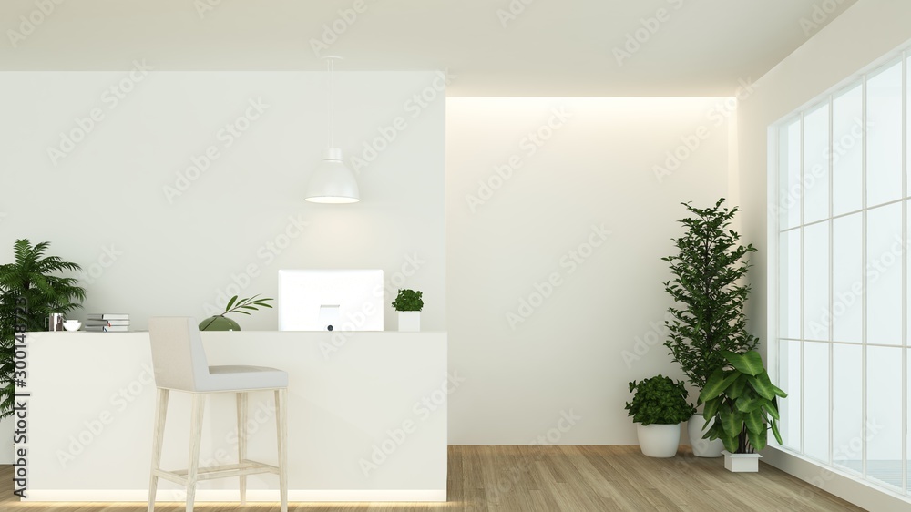 Reception counter interior 3D rendering in hotel - minimal style Reception counter interior 3D rendering in hotel - minimal style