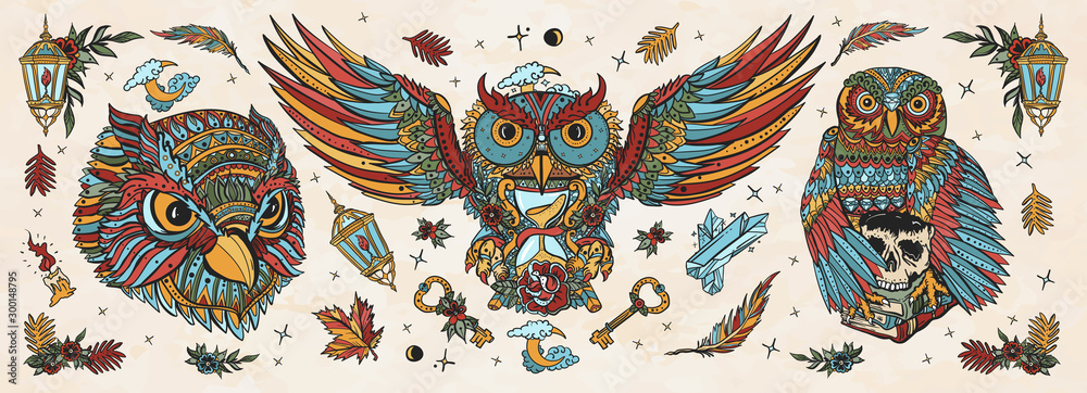 Owl School Old Skull Tattoo Flash Clipart  New School Owl Tattoo HD Png  Download  Transparent Png Image  PNGitem