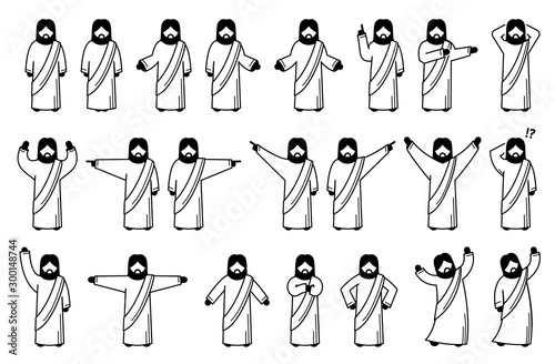 Jesus Christ basic standing postures, poses, and actions. Stick figure pictogram of Jesus Christ with different gestures, emotions, and expressions, and feelings.