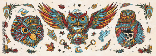 Owls heads. Old school tattoo collection. Fairy tale art. Magic birds, traditional tattooing style