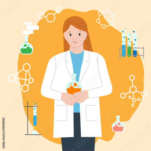 Woman chemist with a test tube. International Day of Women and Girls in Science. Woman chemist. Woman scientist. Illustration with the ability to change colors. Flat style. Set icon.