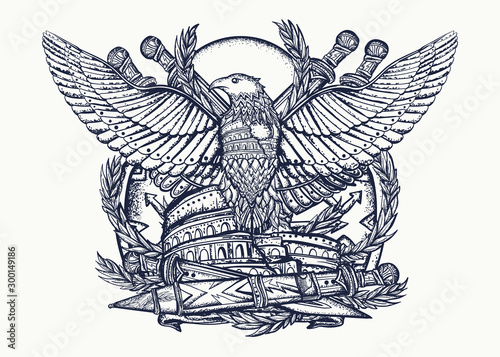 Symbol of Roman Empire.  Colosseum, eagle and crossed swords. Tattoo and t-shirt design. History of Italy. Ancient Rome art