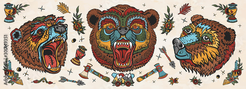 Bear head. Old school tattoo collection. Aggressive grizzly, traditional tattooing style