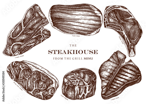 Raw beef steaks vector illustration collection. Raw meat top view drawings. Hand drawn cuts of beef.  Steak house, meat restaurant menu design . Food for grill template.