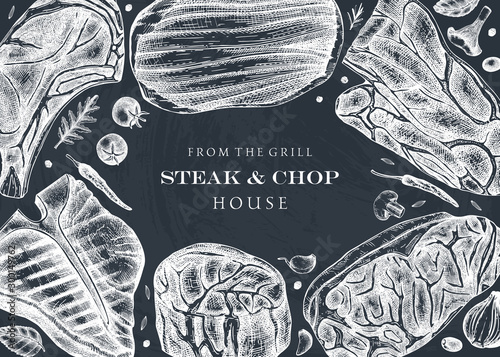 Raw beef steaks vector menu template. Meat top view frame. Hand drawn cuts of beef.  Steak house, meat restaurant menu design . Food for grill background..
