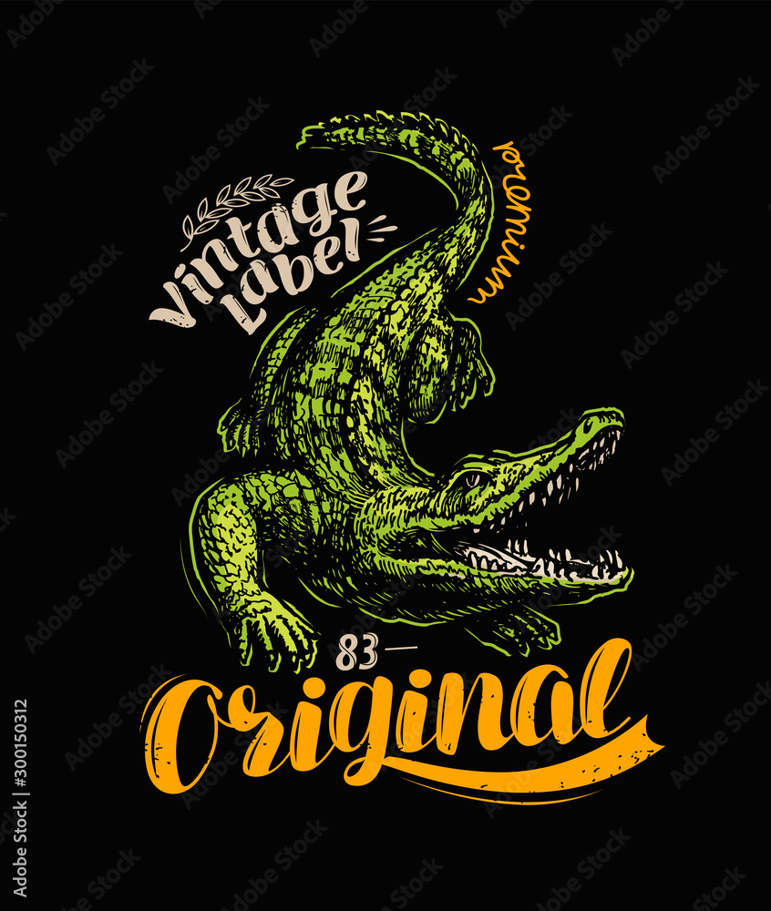 Crocodile t-shirt design. Vintage poster vector illustration - obrazy, fototapety, plakaty 