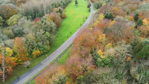 4k Aerial view of Merlin park with autumn trees and vegetation, Galway, Ireland