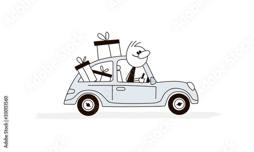 Doodle stick figure: Man riding a car with gift boxes.