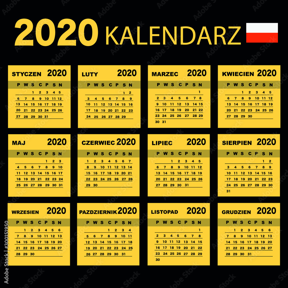 Polish calendar 2020 with simple black numbers, week starts on Monday