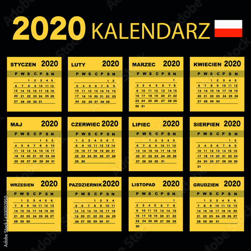 Polish calendar 2020 with simple black numbers, week starts on Monday. Vector calendar 2020.