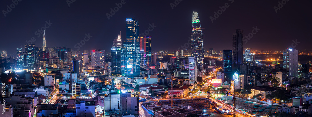 Plakat Pejzaż miejski Ho Chi Minh miasto, Wietnam przy nocą
