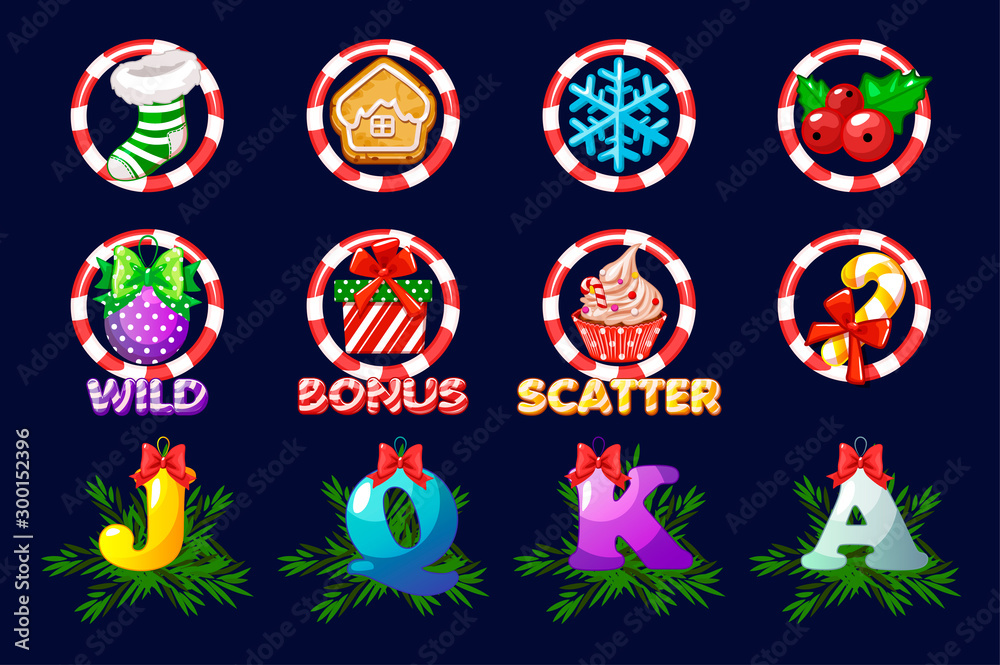 Complete set Christmas icons for slots. Vector icons for casino slot game Complete set Christmas icons for slots. Vector icons for casino slot game