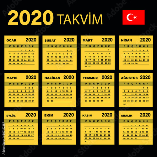 Turkish calendar 2020 with simple black numbers, week starts on Monday. Vector calendar 2020.