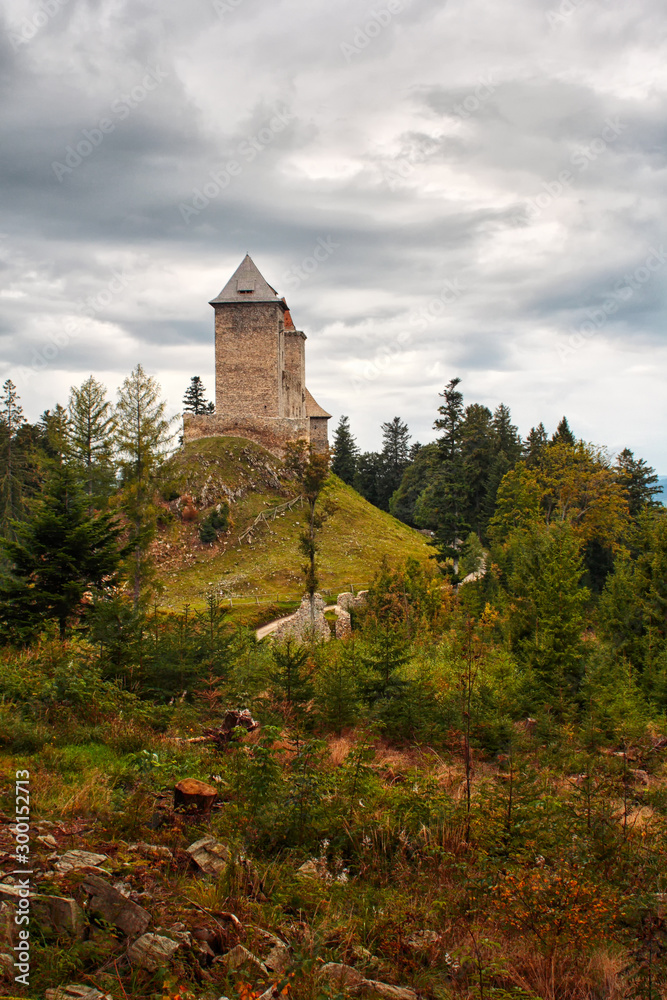 Kasperk Castle (Karlsberg) - autumn landscape with medieval royal castle on hill in woods, cloudy sky, southwestern Bohemia (Czech Republic)