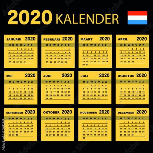 Dutch calendar 2020 with simple black numbers, week starts on Monday. Vector calendar 2020.