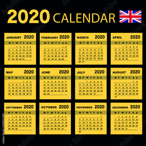 English calendar 2020 with simple black numbers, week starts on Monday. Vector calendar 2020.
