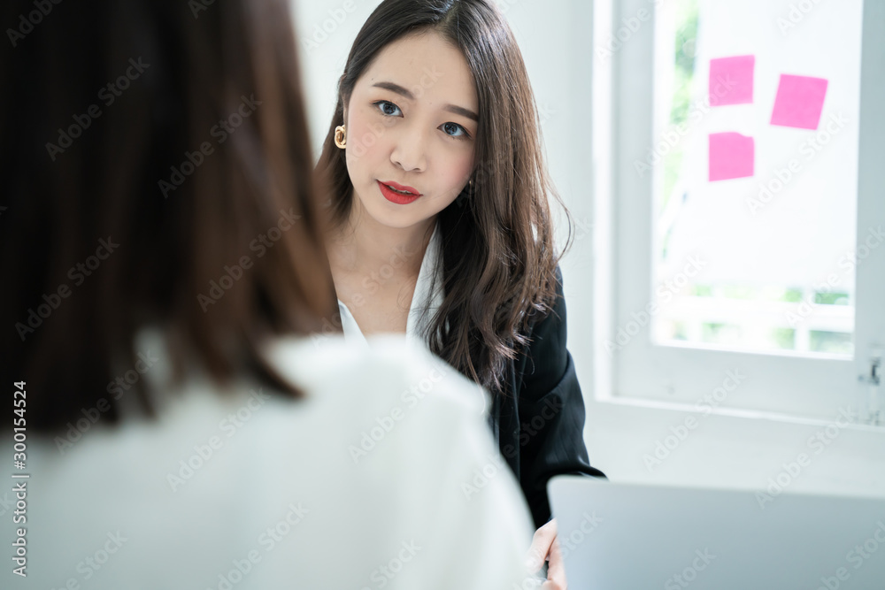 Ideas of job interview concept.Beautiful asian business woman job interview with manager business.Smart Asian staff woman meeting with asian investor and coworker discuss office background. Ideas of job interview concept.Beautiful asian business woman job interview with manager business.Smart Asian staff woman meeting with asian investor and coworker discuss office background.