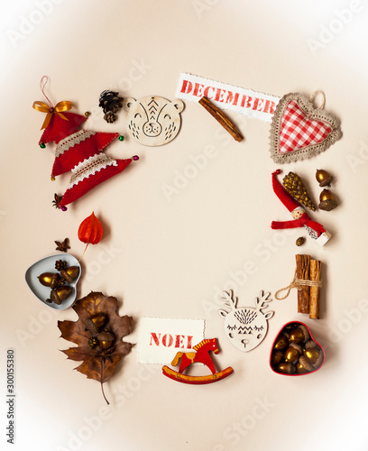 christmas frame from tree decorations,top view / christmas and new year background