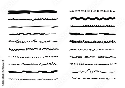Lines hand drawn vector set. Sketch handmade chalk underlines. Pen brush lines collection. Black marker grunge brush strokes