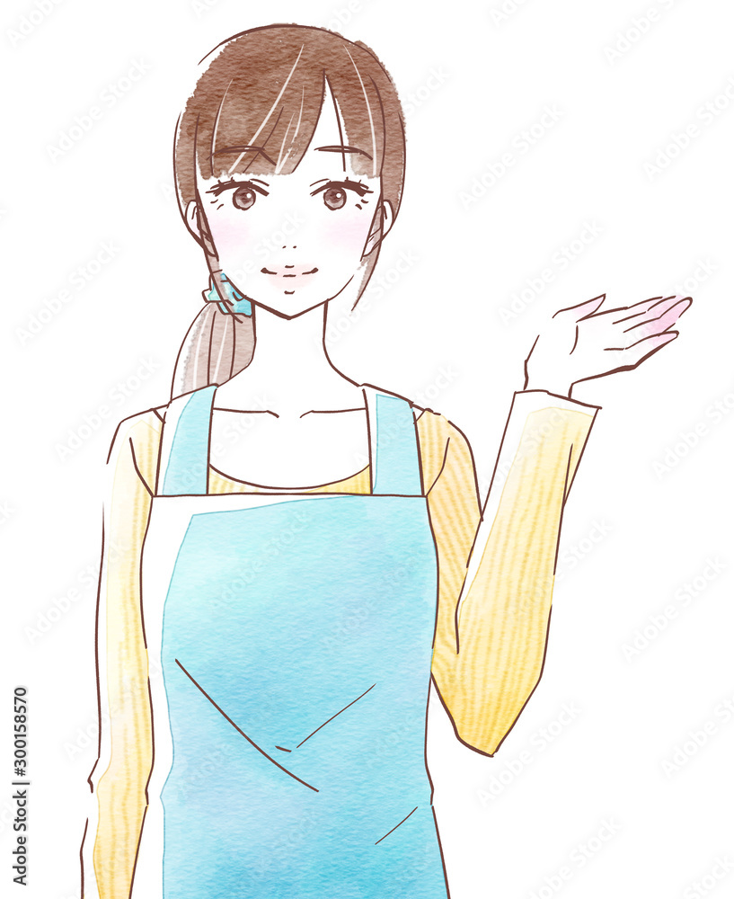 エプロンを着て左手で案内する若い女性