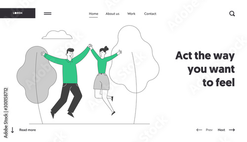 Happy Loving Couple Sparetime Website Landing Page. Cheerful Man and Woman Spend Time Together Rejoice and Jumping with Hands Up Outdoors Web Page Banner. Cartoon Flat Vector Illustration, Line Art