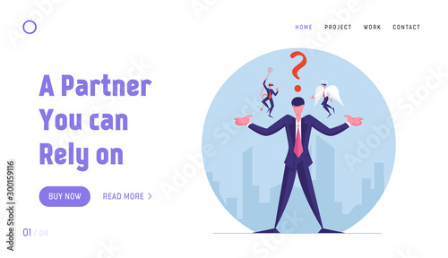 Entrepreneur Making Complicated Decision Website Landing Page. Businessman with Angel and Devil Sitting on Shoulders Whispering in Ear and Question Web Page Banner. Cartoon Flat Vector Illustration