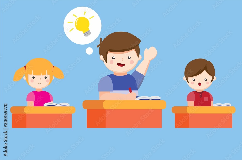 smart child hands up, ready to answer a question, idea, flat illustration vector