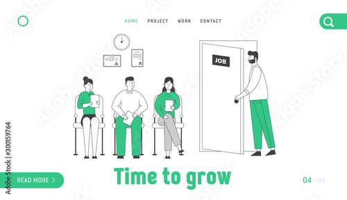 Applicants with Cv Documents Hiring Work Website Landing Page. People Wait Job Interview Sitting in Office Lobby. Worried Candidate Enter Door Web Page Banner Cartoon Flat Vector Illustration Line Art