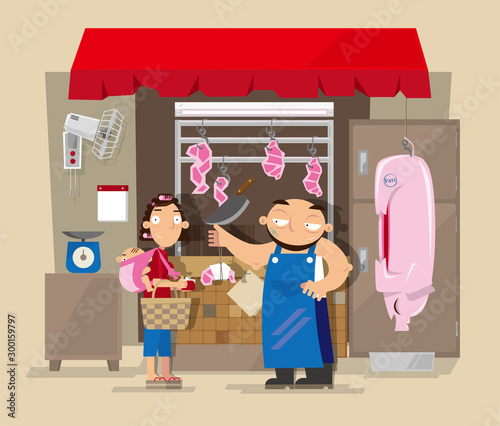 Vector illustration of local pork butcher's shop in Hong Kong