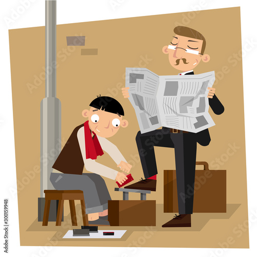 Vector illustration of roadside shoe shiner in old Hong Kong