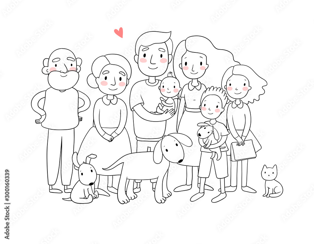 A happy family. Parents with children. Cute cartoon dad, mom, daughter, son and baby. grandmother and grandfather. Funny pet cat and dog