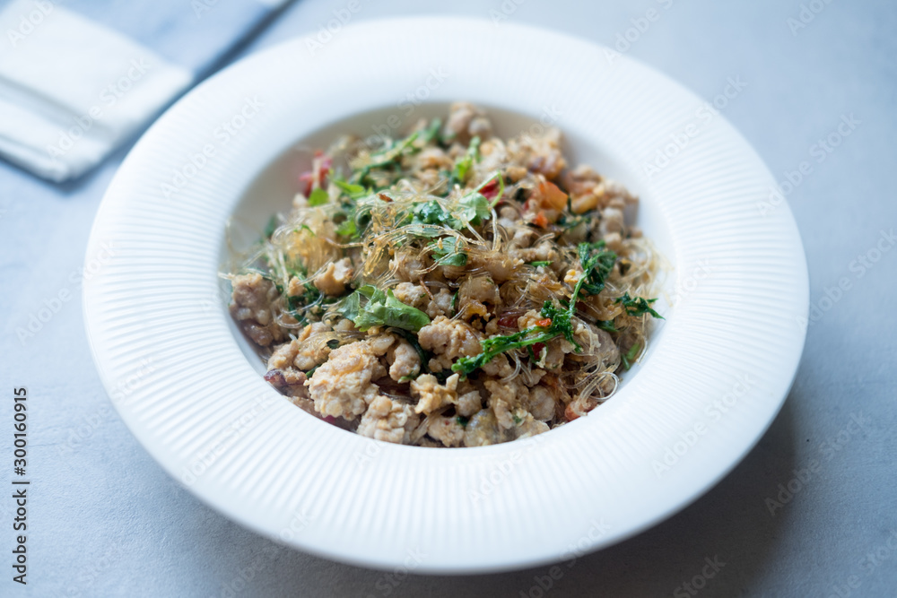 Stir fried vermicelli with minced pork and vegetable Stir fried vermicelli with minced pork and vegetable