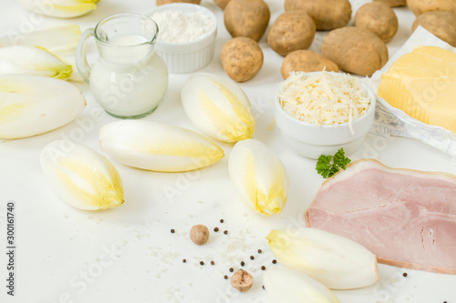 Ingredients for chicory gratin with mashed patatoes 