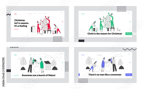 Family Celebrating New Year and Xmas at Home, Outdoors Activity Website Landing Page Set. Dad Mom Daughter Son Decorate Fir Tree Make Snowman Web Page Banner Cartoon Flat Vector Illustration, Line Art