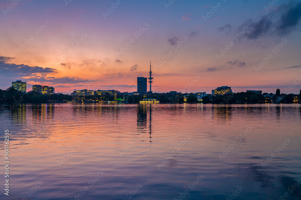Hamburg, Germany. The Alster Lake in the evening.