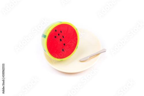Childs toy plastic food molded 1/6th scale half watermelon on a plate