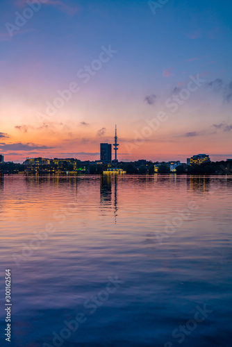 Hamburg, Germany. The Alster Lake in the evening.
